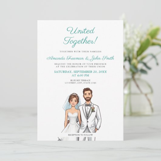 漫画のティール(緑がかった色)と白パーソナライズされた写結婚真 招待状 (スタンド正面)