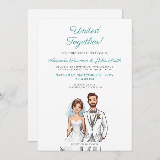 漫画のティール(緑がかった色)と白パーソナライズされた写結婚真 招待状 (正面/裏面)