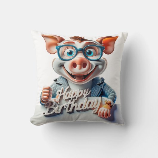 漫画のハッピーバースデーイラストレーションAかわいい豚 クッション (正面)