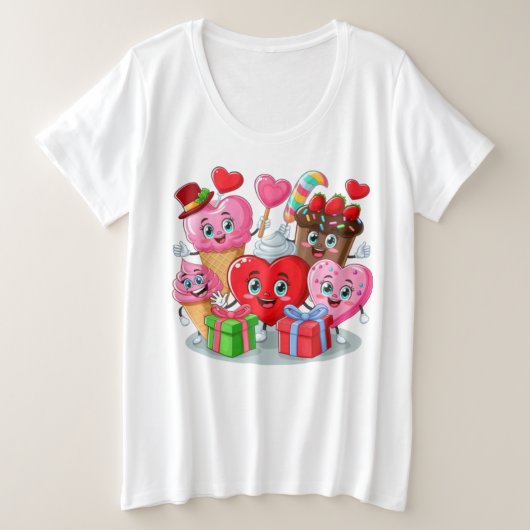 漫画のハートと甘い友人バレンタインデー プラスサイズTシャツ (デザイン正面)