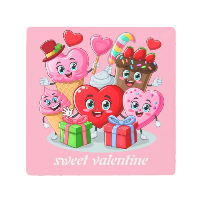 漫画のハートと甘い友人バレンタインデー メタルプリント (正面)