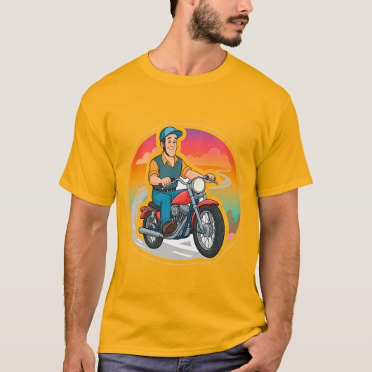 漫画のバイカーがバイクに乗る Tシャツ (正面)