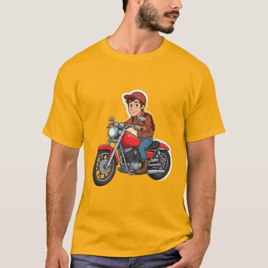 漫画のバイクに乗ったバイカー Tシャツ (正面)