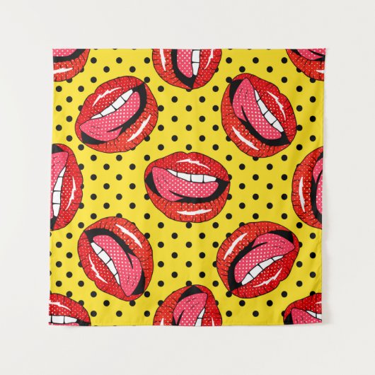 漫画のパッチバッジとリを使ったシームレスなパターン タペストリー (正面)