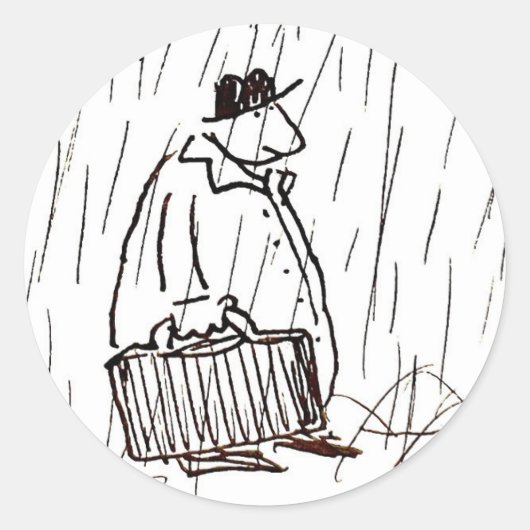漫画のビジネスマン スーツケースを持った男性 雨の日 ラウンドシール (正面)