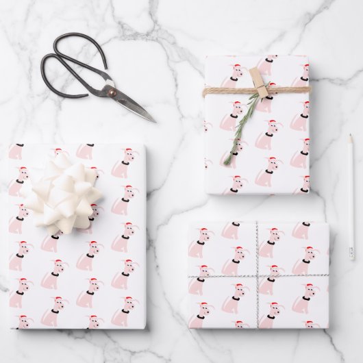 漫画のピンクの犬が犬のチーキー・ドッグ・クリスマス ラッピングペーパーシート (正面)