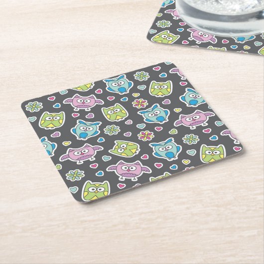 漫画のフクロウのパターン スクエアペーパーコースター (アングル)