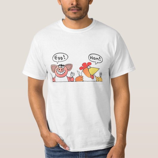 漫画のブタ + 漫画の鶏の朝食 Tシャツ (正面)