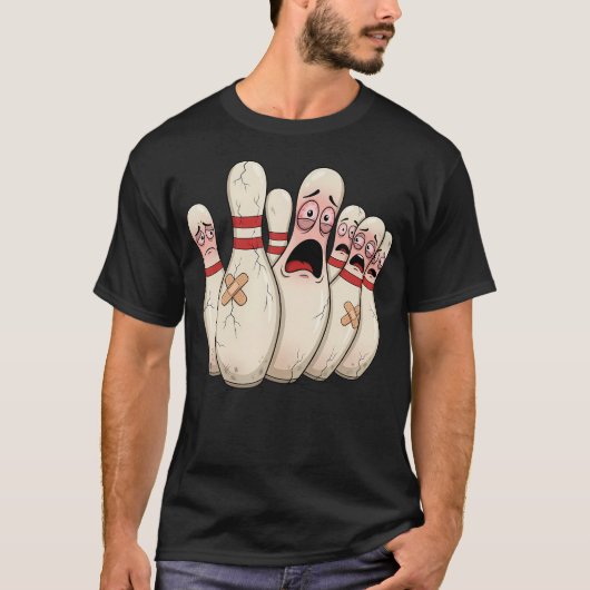 漫画のボウリングびっくりピン 楽しいスポーツ Tシャツ (正面)