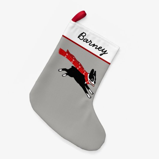 漫画のボストンかわいいテリア幸せな犬の休日のクリスマス スモールクリスマスストッキング (正面 (吊り時))