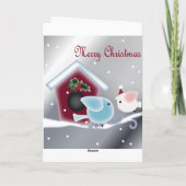 漫画のミカン科の木の下でのラブバードたちの私たちの初めてのクリスマス シーズンカード (裏面)