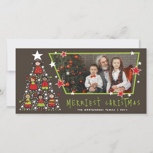 漫画のメリークリスマスツリーかわいい子供の写真 シーズンカード (正面)