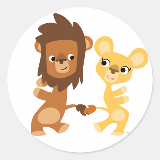 漫画のライオンとライオンのメスが踊り回るステッカー ラウンドシール (正面)