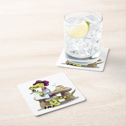 漫画のラプターの詩人の考えイラストレーション。 スクエアペーパーコースター (インサイチュ)