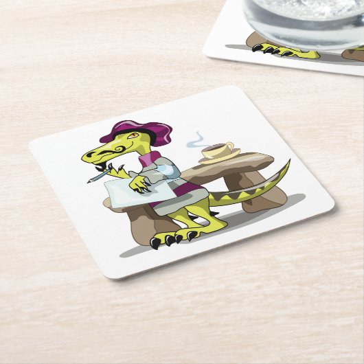 漫画のラプターの詩人の考えイラストレーション。 スクエアペーパーコースター (アングル)