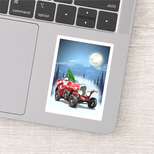 漫画のレトロな車とサンタとクリスマスカークールド シール (詳細)