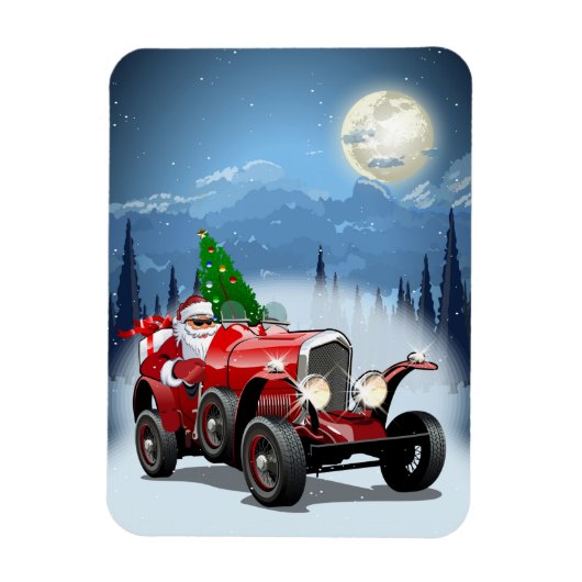 漫画のレトロな車とサンタとクリスマスカークールド マグネット (縦)