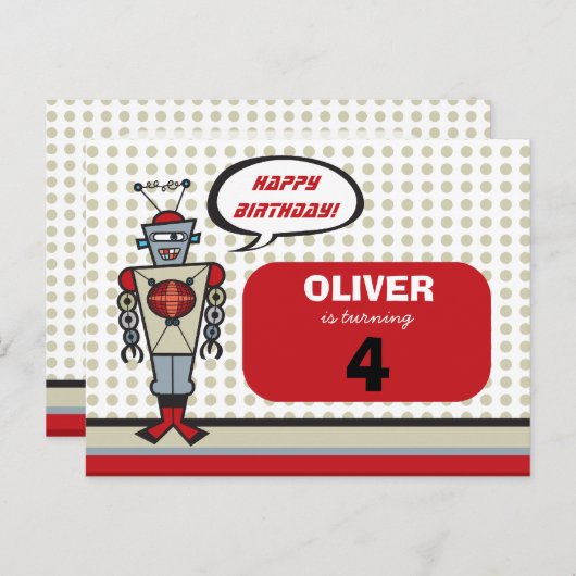 漫画のレトロロボットかわいい子供たち男の子バースデーパーティー インビテーションポストカード (正面/裏面)
