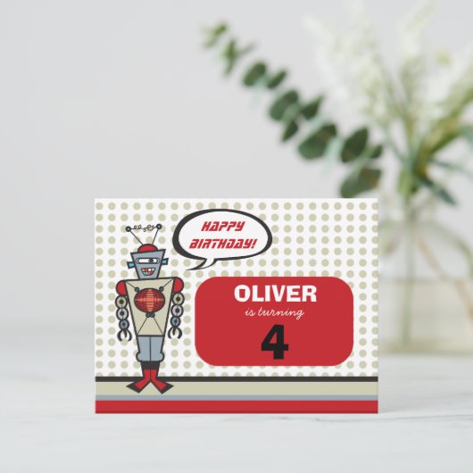 漫画のレトロロボットかわいい子供たち男の子バースデーパーティー インビテーションポストカード (スタンド正面)