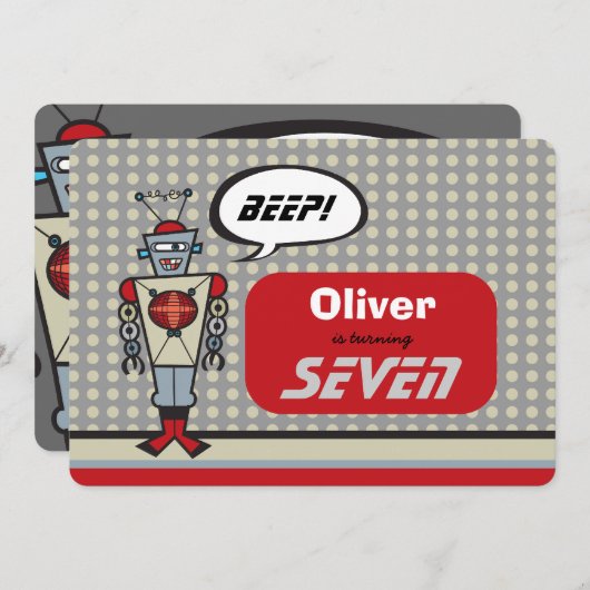 漫画のレトロロボットがかわいい子どもたちの少年誕生パーティー 招待状 (正面/裏面)