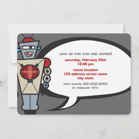 漫画のレトロロボットがかわいい子どもたちの少年誕生パーティー 招待状 (裏面)