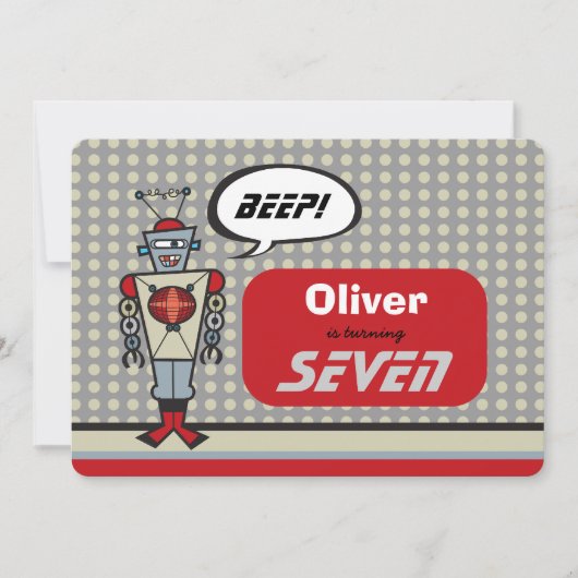 漫画のレトロロボットがかわいい子どもたちの少年誕生パーティー 招待状 (正面)
