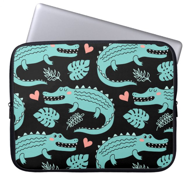 漫画のワニ、かわいいシームレスなパターン。 ラップトップスリーブ (正面)