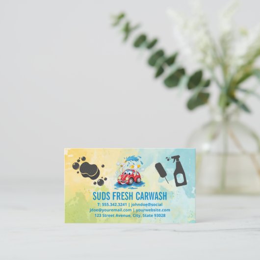 漫画の乳母車カーウォッシュ | 自動サービス | クリーニング 名刺 (スタンド正面)
