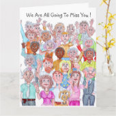 漫画の人々が別れの挨拶をしているイラスト カード (黄色い花)