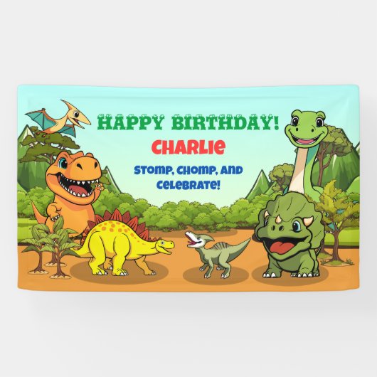 漫画の先史時代の恐竜の誕生日パーティバナー 横断幕 (横)