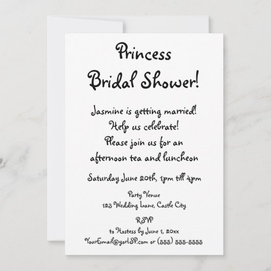 漫画の切り貼り芸術のかわいいブロンドのプリンセスのブライダルシャワー 招待状 (裏面)