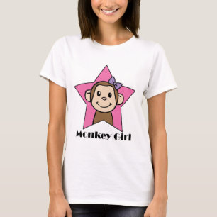 漫画の切り貼り芸術のスマイル猿の女の子のピンクの星の弓 Tシャツ