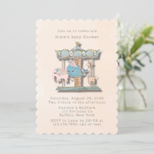 漫画の動物の回転木馬赤ちゃんシャワー 招待状 (スタンド正面)