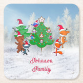 漫画の動物の踊りのまわりにクリスマスツリー スクエアペーパーコースター (正面)