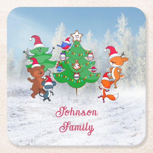 漫画の動物の踊りのまわりにクリスマスツリー スクエアペーパーコースター (正面)