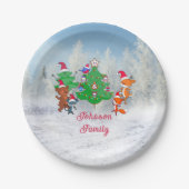 漫画の動物の踊りのまわりにクリスマスツリー ペーパープレート (正面)