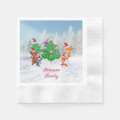 漫画の動物の踊りのまわりにクリスマスツリー 縁ありカクテルナプキン (正面)