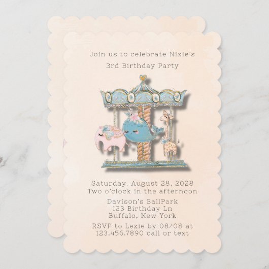 漫画の動物回転木馬誕生日パーティー 招待状 (正面/裏面)