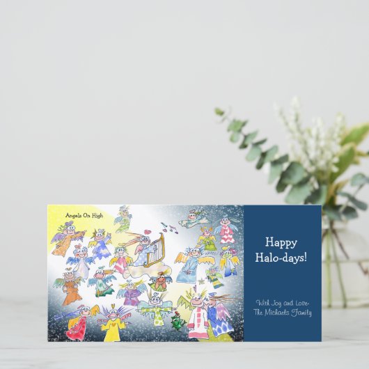 漫画の天使たちが星の上でホリデーシーズンを祝うグリーティングカード シーズンカード (スタンド正面)