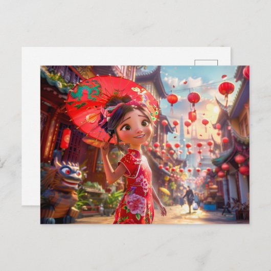 漫画の女の子と日照のシーン シーズンポストカード (正面/裏面)