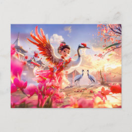 漫画の女の子の踊りで優雅なシーンにクレーン シーズンポストカード