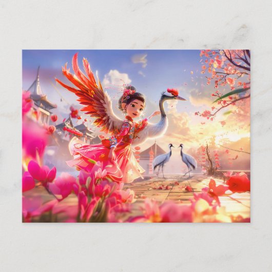 漫画の女の子の踊りで優雅なシーンにクレーン シーズンポストカード (正面)