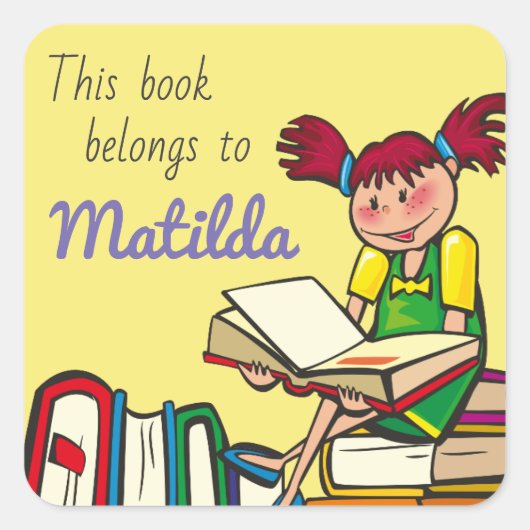 漫画の女読の子の本は属していパーソナライズされたる スクエアシール (正面)