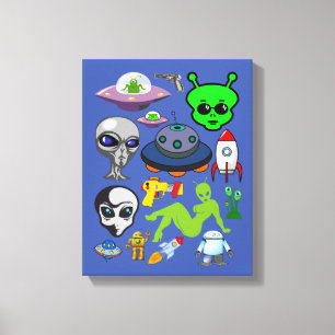 漫画の宇宙エイリアングレーUFOアートコラージシート キャンバスプリント