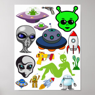 漫画の宇宙エイリアングレーUFOアートコラージシート ポスター