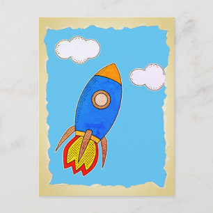漫画の宇宙ロケットブルースカイに引き裂かれた紙 ポストカード