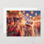 漫画の少女が新年のドラゴン中国のの衣装 シーズンポストカード (正面/裏面)