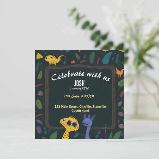 漫画の恐竜の最初の誕生日の招待 セーブザデート (スタンド正面)