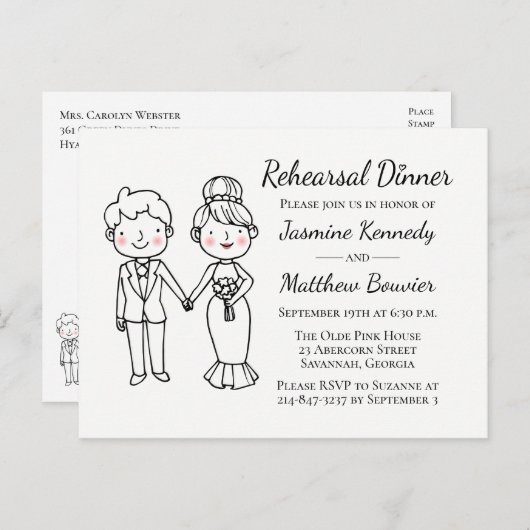 漫画の新婦白黒結婚のリハーサル インビテーションポストカード (正面/裏面)