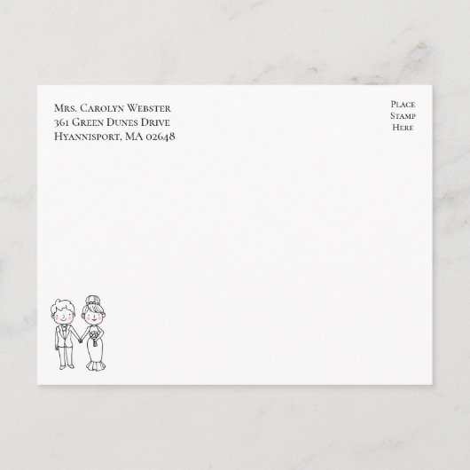 漫画の新婦白黒結婚のリハーサル インビテーションポストカード (裏面)